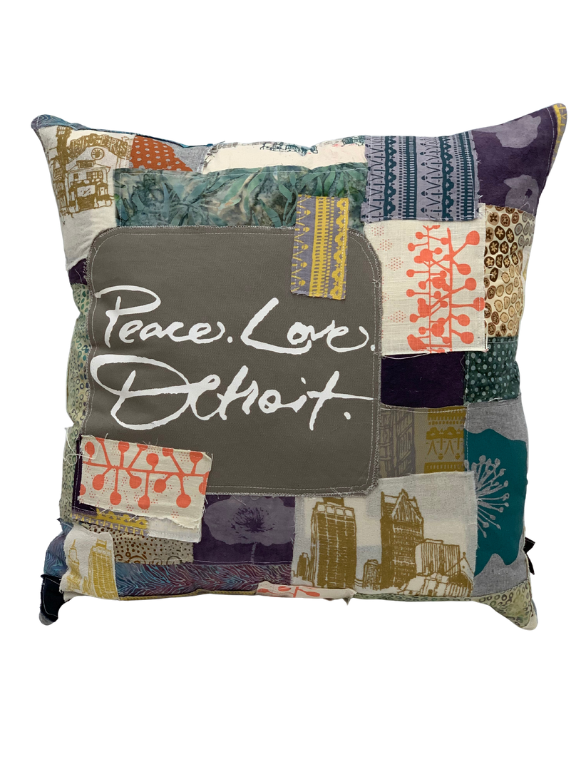 Peace Love Detroit patchwork pillow