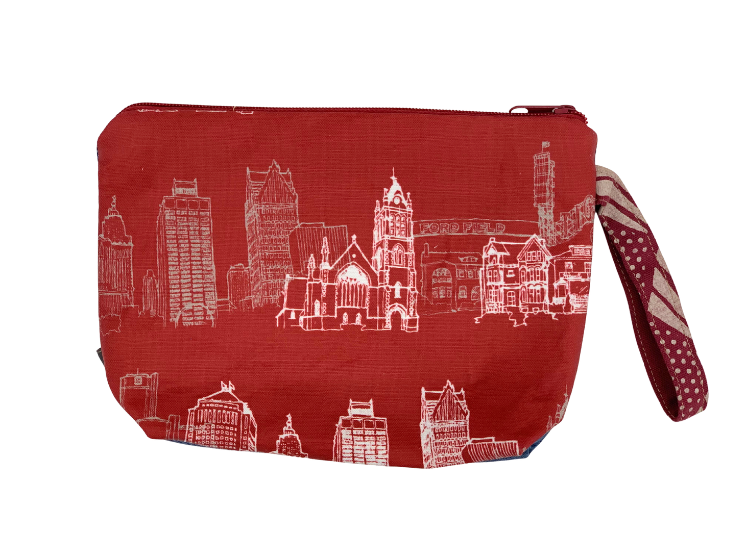 Red zippered pouch with white Detroit skyline print