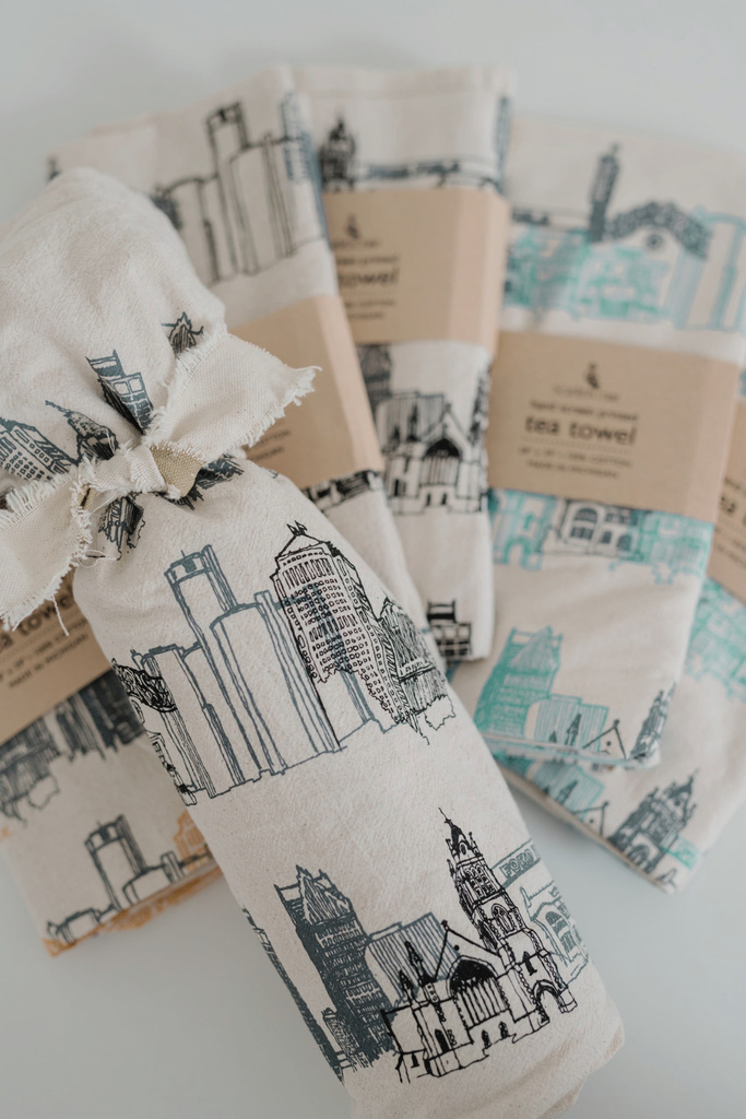 Hand-printed Detroit skyline tea towels